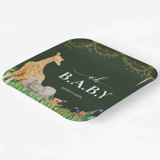 オベビーサファーアニマルジャングルグリーンベイビーシャワー ペーパープレート (傾斜あり)