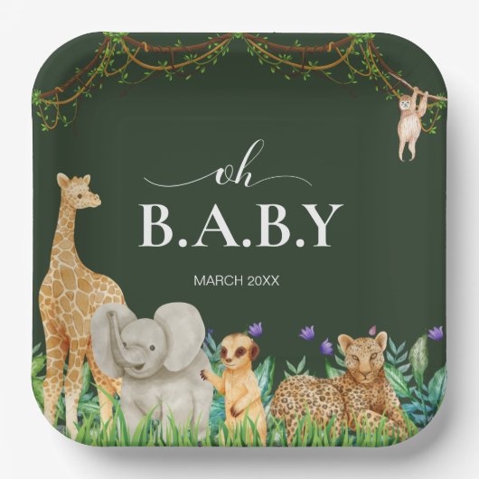 オベビーサファーアニマルジャングルグリーンベイビーシャワー ペーパープレート (正面)