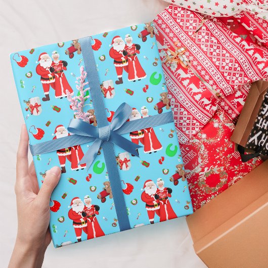 オベビーサンタ&ミセスクロース赤ちゃんシャワーブルー ラッピングペーパー