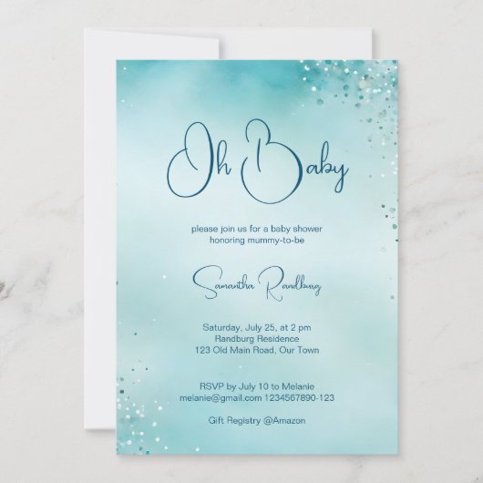 オベビーシアン水色ブルーベビーシャワー 招待状 (正面)