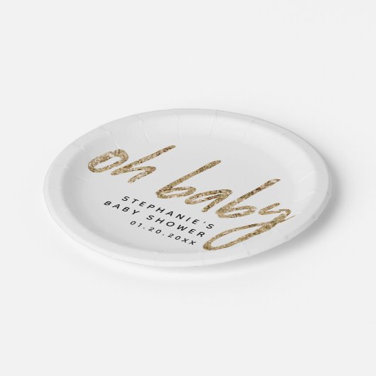 オベビーシンプルエレガント金ゴールドグラムベビーシャワー ペーパープレート (アングル)