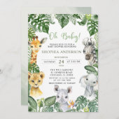 オベビージャングルサファリ動物ベビーシャワー 招待状 (正面/裏面)