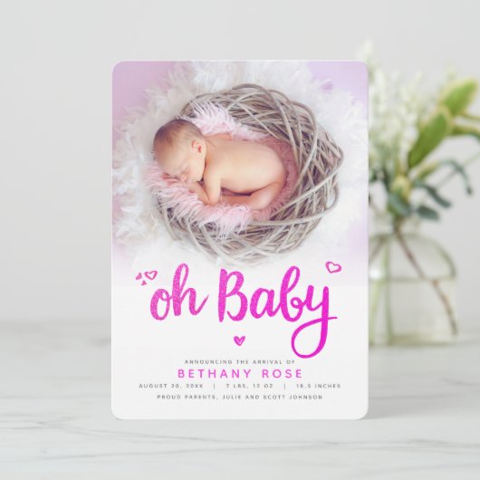 オベビースイートガールフォトピンクハートスクリプト誕生 案内状 (スタンド正面)