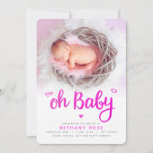 オベビースイートガールフォトピンクハートスクリプト誕生 案内状 (正面)