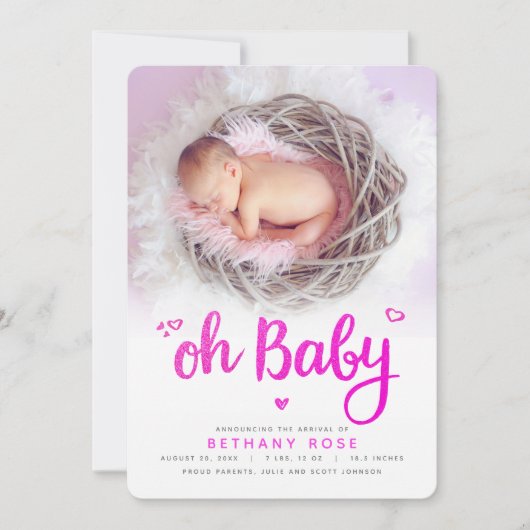 オベビースイートガールフォトピンクハートスクリプト誕生 案内状 (正面)