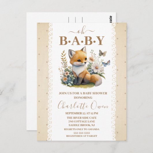 オベビースウィートフォックスベイビーシャワー招待状はがき ポストカード (正面/裏面)