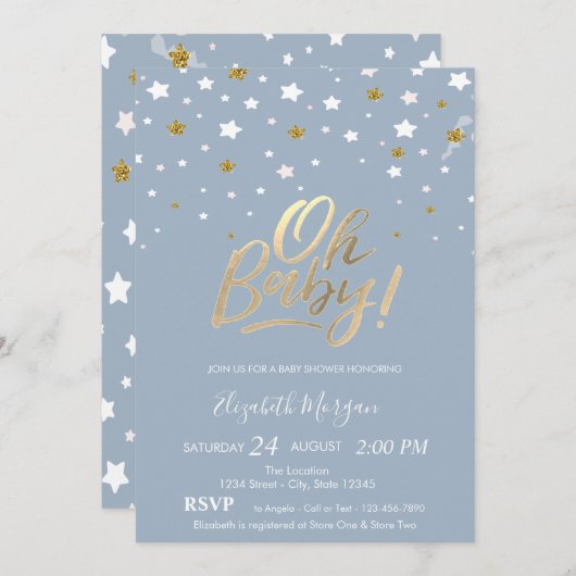 オベビースターズダスティブルーベビーシャワー 招待状 (正面/裏面)