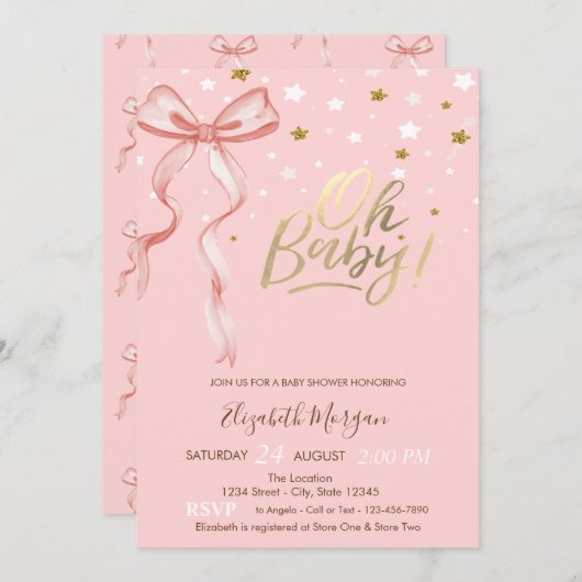オベビースターズピンクボウ赤ちゃんシャワー 招待状 (正面/裏面)