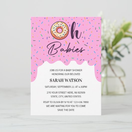 オベビース振りかけるドーナツ双子ベビーガールシャワー 招待状 (スタンド正面)