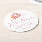 オベビーズドーナツ散水双子の女の子の赤ちゃんシャワー ラウンドペーパーコースター (アングル)