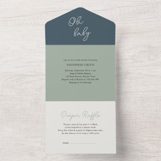 オベビーセージ緑の本おむつ赤ちゃんシャワー オールインワン招待状 (内側)