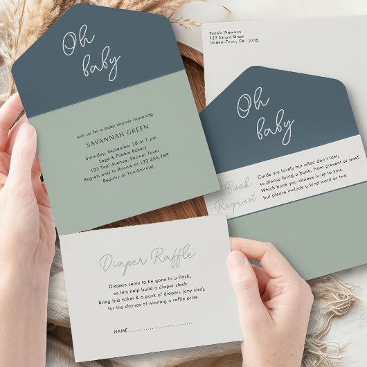 オベビーセージ緑の本おむつ赤ちゃんシャワー オールインワン招待状