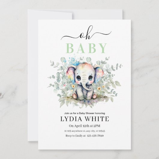 オベビーゾウ赤ちゃんシャワー招待状、男の子ベビー 招待状 (正面)