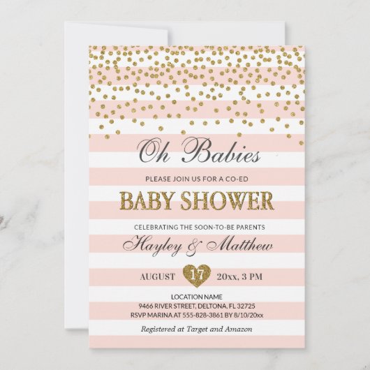 オベビーツインガールズコエッドベビーシャワー赤面金ゴールド 招待状 (正面)
