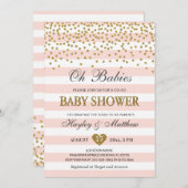 オベビーツインガールズコエッドベビーシャワー赤面金ゴールド 招待状 (正面/裏面)