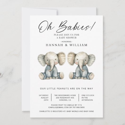 オベビーツインズウォーターカラーゾウ赤ちゃんシャワー 招待状 (正面)