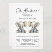 オベビーツインズウォーターカラーゾウ赤ちゃんシャワー 招待状 (正面/裏面)