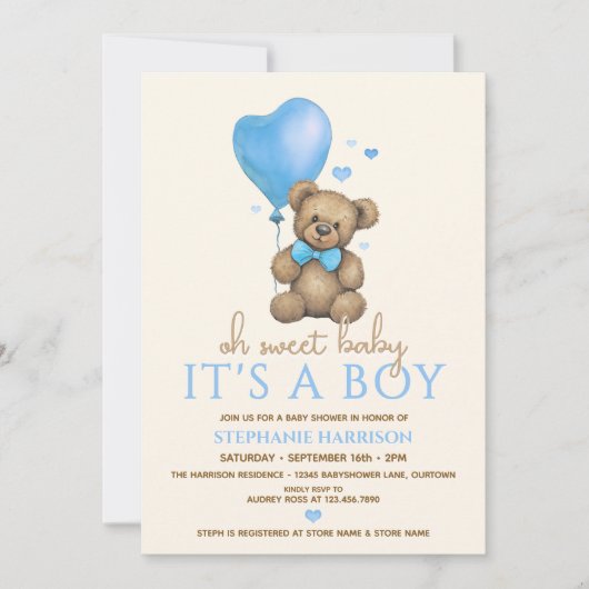 オベビーテディベアのベビーシャワーの男の子だ 招待状 (正面)