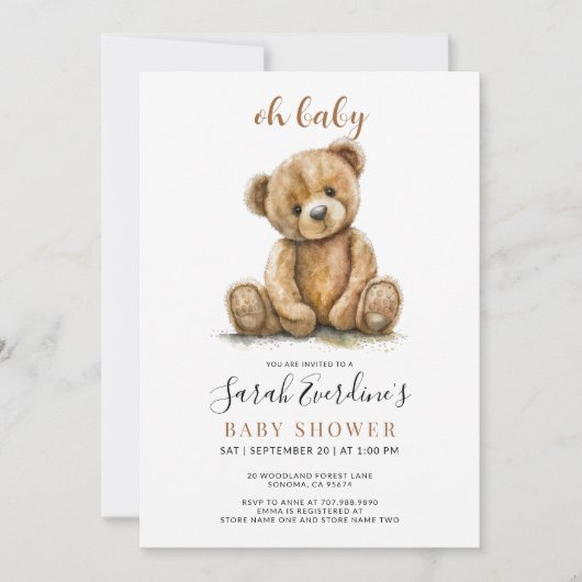 オベビーテディベア水の色ベビーシャワー 招待状 (正面)