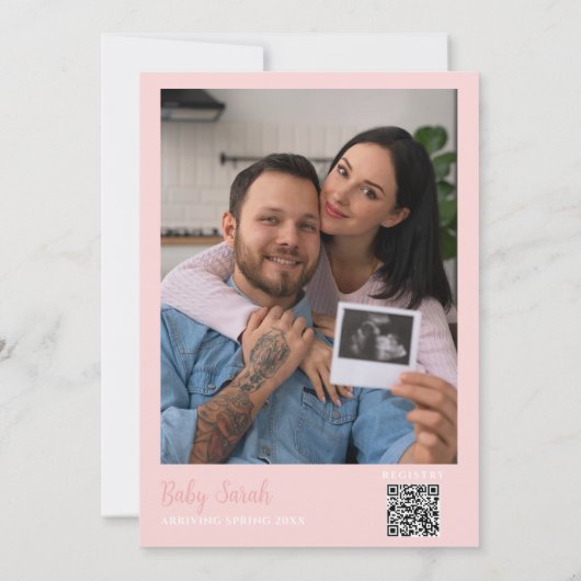 オベビーデイジーピンク赤ちゃんシャワー写真QRコード 招待状 (裏面)