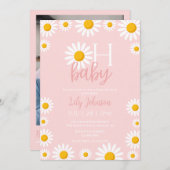 オベビーデイジーピンク赤ちゃんシャワー写真QRコード 招待状 (正面/裏面)