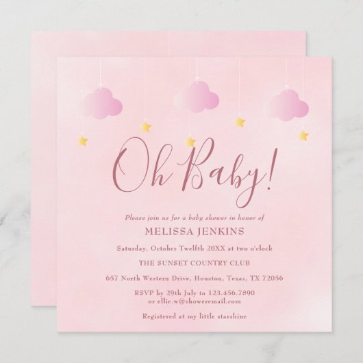 オベビートゥインクルトゥインクルソフトピンク赤ちゃんシャワー 招待状 (正面/裏面)