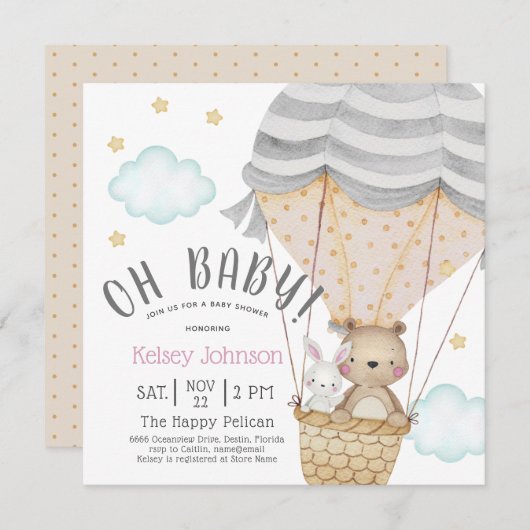 オベビーニュートラルウッドランドテディベア赤ちゃんシャワー 招待状 (正面/裏面)