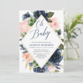 オベビーネイビーと赤面フローラ女の子の赤ちゃんシャワー 招待状 (スタンド正面)