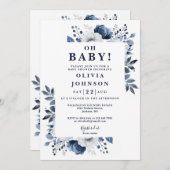 オベビーネイビーブルーフローラすべて1つの赤ちゃんシャワー 招待状 (正面/裏面)
