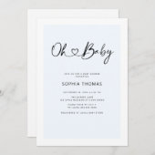 オベビーハートフォントミニマルソフトブルーベビーシャワー 招待状 (正面/裏面)