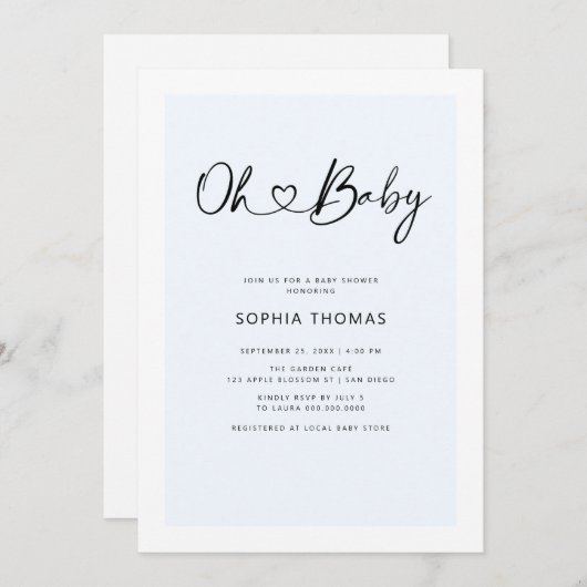 オベビーハートフォントミニマルソフトブルーベビーシャワー 招待状 (正面/裏面)