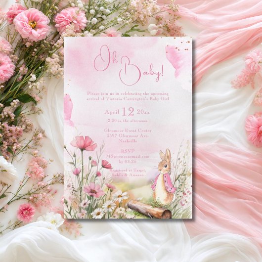 オベビーバニーラビットピンクの水色ベビーシャワー 招待状