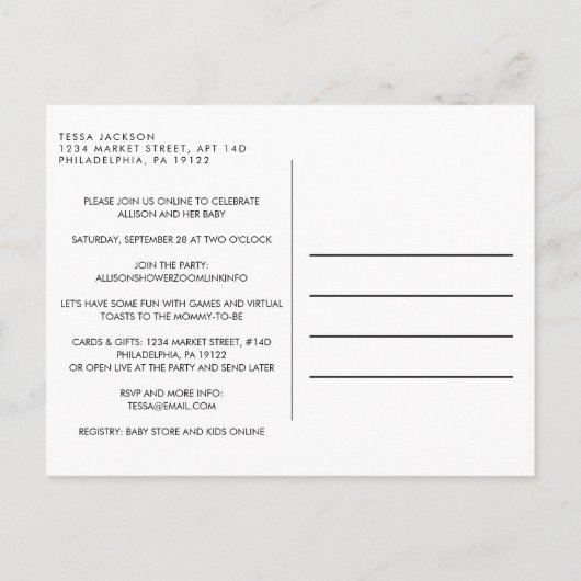 オベビーパステルタイポグラフィバーチャルベビーガールシャワー インビテーションポストカード (裏面)