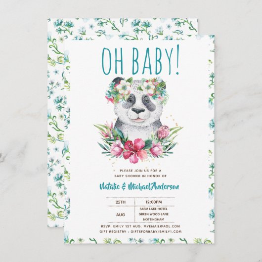 オベビーパンダベアウォーター色フローラボホシャワー 招待状 (正面/裏面)