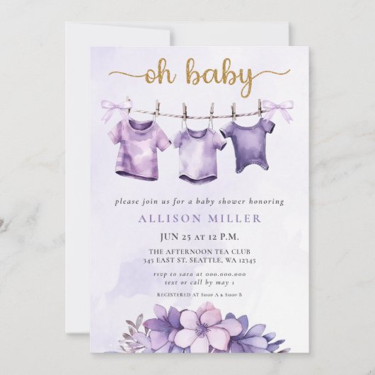 オベビーパープルベビー物干し女の子ベビーシャワー 招待状 (正面)
