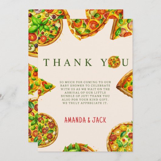 オベビーピザトマトオリビアグリーンベビーシャワー サンキューカード (正面/裏面)