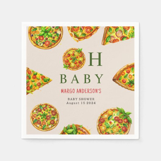 オベビーピザトマトオリビアグリーンベビーシャワー スタンダードカクテルナプキン (正面)