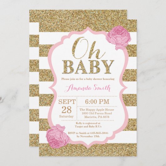 オベビーピンクと金ゴールドベビーシャワー招待状 招待状 (正面/裏面)