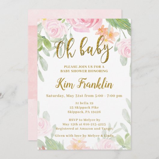 オベビーピンクと金ゴールドベビーシャワー招待状 招待状 (正面/裏面)