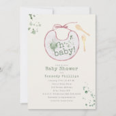 オベビーピンクよだれかけグリーンベイビーフード女の子ベビーシャワー 招待状 (正面)