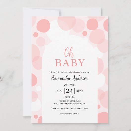 オベビーピンクアーチ水玉模様ガールベビーシャワー 招待状 (正面)