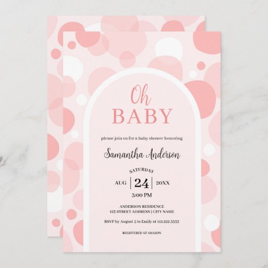オベビーピンクアーチ水玉模様ガールベビーシャワー 招待状 (正面/裏面)