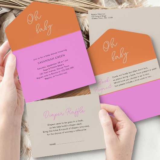 オベビーピンクオレンジの本おむつ赤ちゃんシャワー オールインワン招待状
