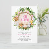 オベビーピンクサファリジャングルウォーター色ベビーシャワー 招待状 (スタンド正面)