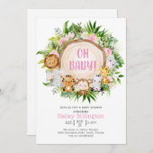 オベビーピンクサファリジャングルウォーター色ベビーシャワー 招待状 (正面/裏面)