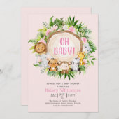 オベビーピンクサファリジャングルワイルドアニマルベビーシャワー 招待状 (正面/裏面)