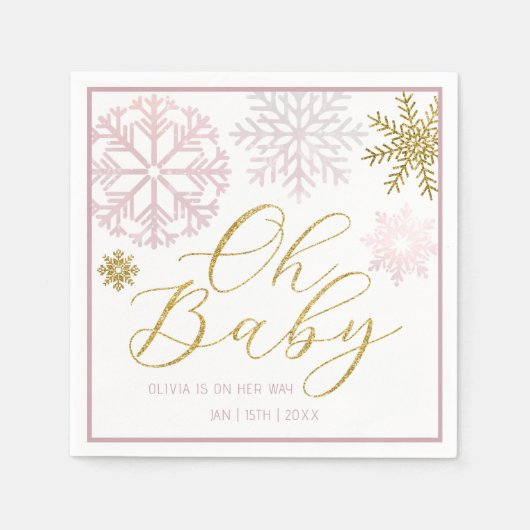 オベビーピンクスノーフレークシャワーナプキンス スタンダードカクテルナプキン (正面)