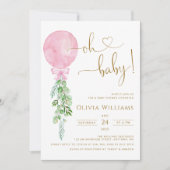 オベビーピンクバルーンユーカリ赤ちゃんシャワー 招待状 (正面)