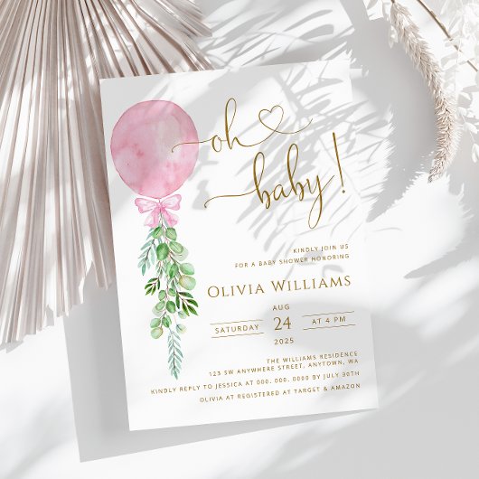 オベビーピンクバルーンユーカリ赤ちゃんシャワー 招待状