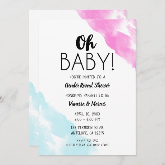 オベビーピンクブルー水彩性別リビールシャワー 招待状 (正面/裏面)